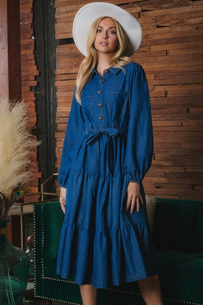 Long Sleeve Tiered Denim Midi Dress