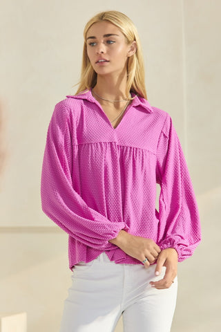 Collared Textured Jacquard Top in Magenta