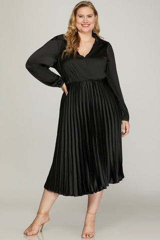 Satin Pleated Midi Dress in Black