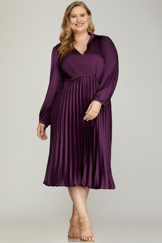 Satin Pleated Midi Dress In Plum *FINAL SALE* XL Satin Pleated Midi Dress In Plum *FINAL SALE* XL