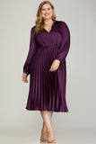 Satin Pleated Midi Dress in Plum