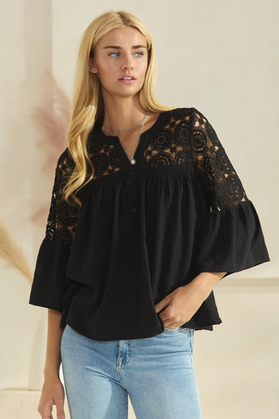 Lace Trim Bell Sleeve Top in Black