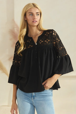 Lace Trim Bell Sleeve Top in Black