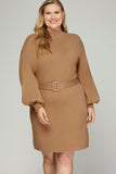 Long Sleeve Mock Neck Sweater Dress in Camel