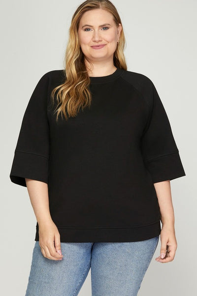 3/4 Sleeve Scuba Knit Sweater in Black