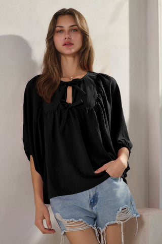 Double Ribbon Puff Sleeve Top in Black