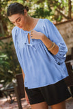 Double Ribbon Puff Sleeve Top in Blue