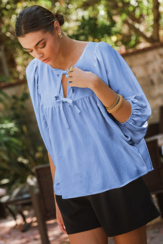 Double Ribbon Puff Sleeve Top in Blue