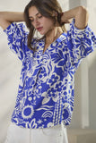 Royal Blue Printed V Neck Top