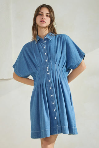 Denim Pleat Tuck Shirt Dress