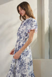 Scalloped Sleeve Blue Print Midi Dress