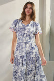 Scalloped Sleeve Blue Print Midi Dress