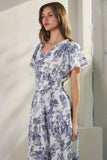Scalloped Sleeve Blue Print Midi Dress