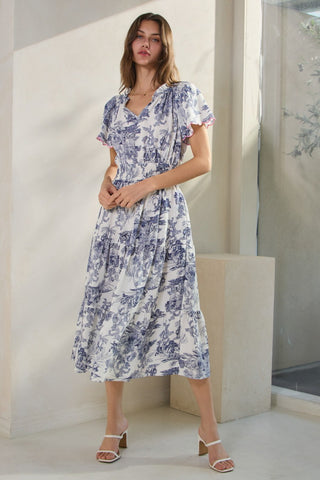 Scalloped Sleeve Blue Print Midi Dress