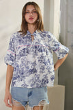 Scalloped Detail Blue Print Top