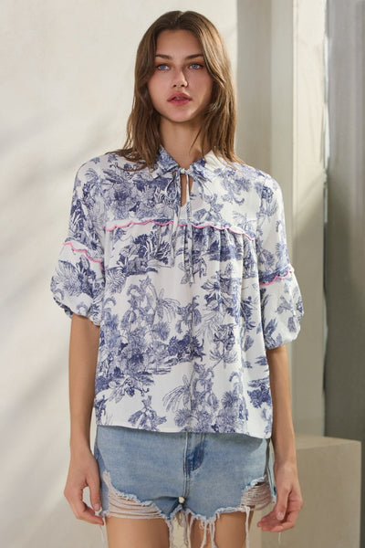 Scalloped Detail Blue Print Top