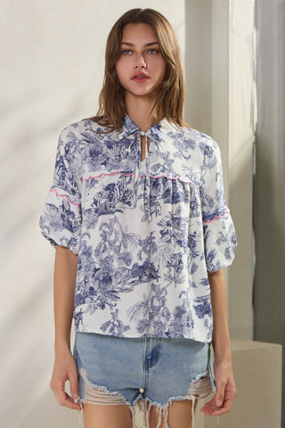 Scalloped Detail Blue Print Top