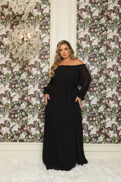 Off Shoulder Chiffon Gown in Black