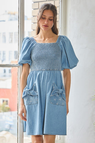 Smocked Denim Dress with Pockets