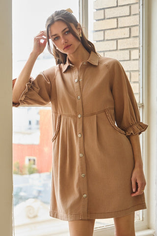 Washed Denim Shirt Dress in Camel
