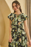 Black & Green Floral Print Midi Dress