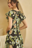 Black & Green Floral Print Midi Dress