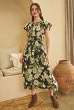 Black & Green Floral Print Midi Dress