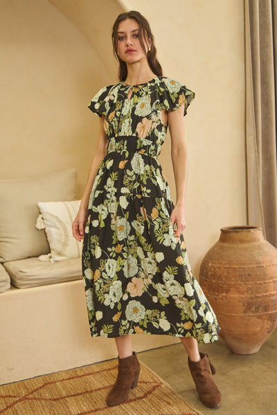 Black & Green Floral Print Midi Dress