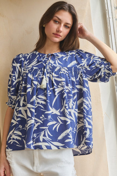 Blue Floral Tassel Tie Top