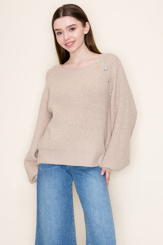 Crystal Detail Knit Top in Oat