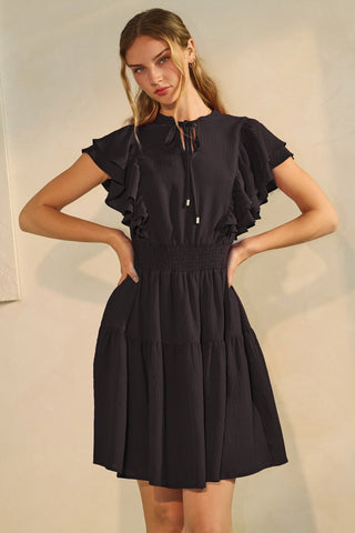 Flutter Sleeve Tiered Dress in Black