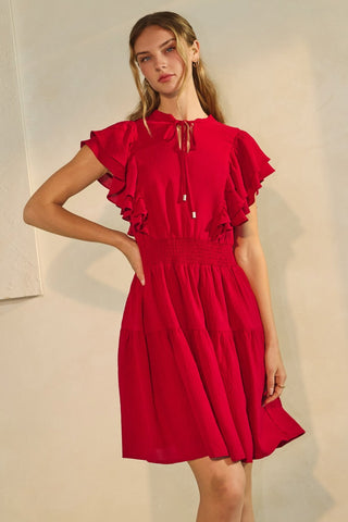 Flutter Sleeve Tiered Dress in Red
