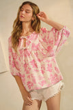 Pink Print Double Ribbon Top