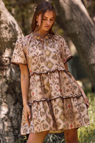 Taupe Aztec Print Ruffle Dress