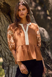 Embroidered Sleeve Mocha Top