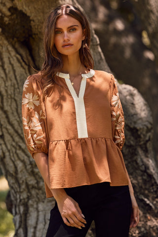 Embroidered Sleeve Mocha Top