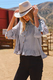 Stripe Ruffle Hem Button Up Top in Blue