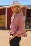 Stripe Ruffle Hem Button Up Top in Blue