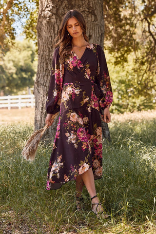 Maroon Floral Wrap Dress