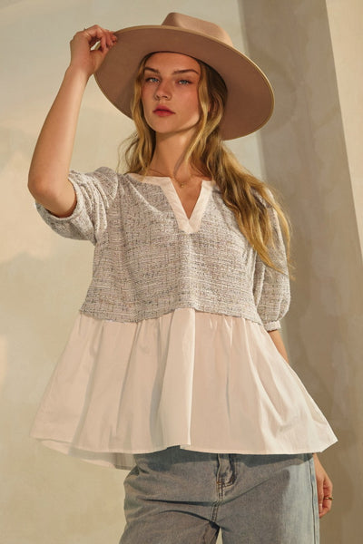 Tweed & Poplin Twofer Top in Black and White