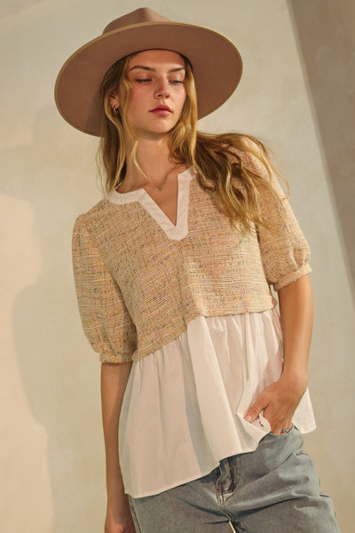 Tweed & Poplin Twofer Top in Oat