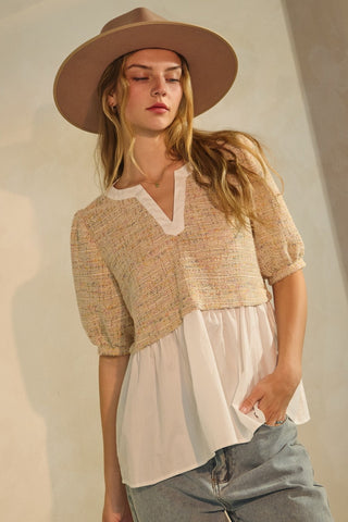 Tweed & Poplin Twofer Top in Oat