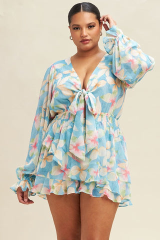 Blue Floral Romper with Tie