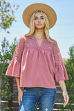 Lace Trim Bell Sleeve Top in Dusty Rose
