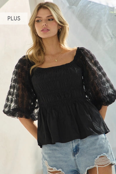 Sheer Circle Sleeve Smocked Cotton Top