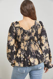 Black Floral Smocked LS Top