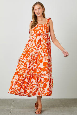 Orange Floral Tie Strap Maxi