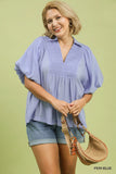 Smocked Front Bubble Sleeve Top in Periwinkle