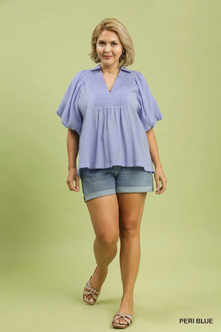 Smocked Front Bubble Sleeve Top in Periwinkle
