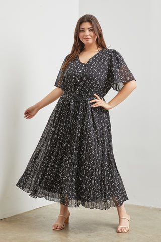 Pleated Black Floral Midi/Maxi Dress